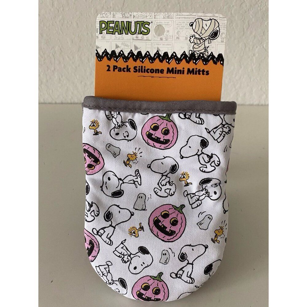 2 Pk Peanuts Halloween Snoopy Woodstock Pink‎ Pumpkin Ghost Mini Oven Mitts NEW